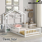 Bellemave® Twin Size House - Style Headboard Floor Bed with Fence - Bellemave